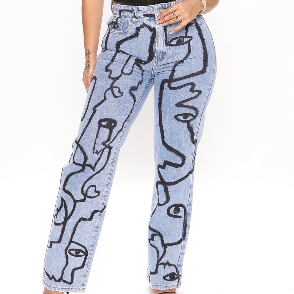 Fashion Nova Light Blue Straight-Leg Jeans with Black Abstract Face Print